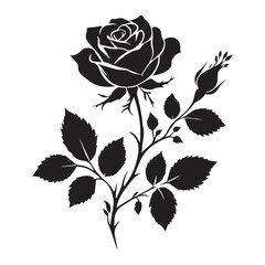 Decorative rose with long stem and leaves. Flower sketch. Vector illustration Silhouetted rose with leaves and thorns on stem, perfect for love and nature themed designs © Graphix Glider
