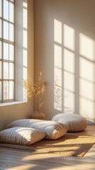 Minimalist meditation space with gentle sunlight cozy interior calm environment zen lifestyle concept