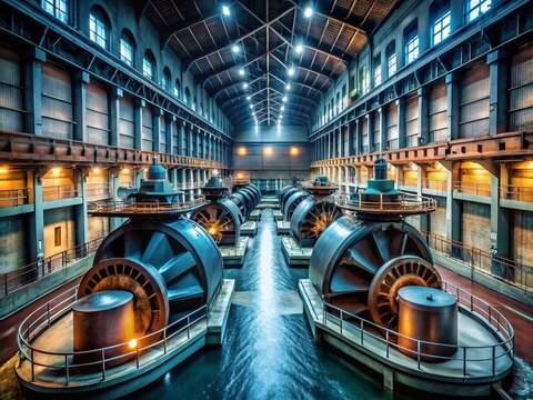 Majestic Rotating Turbines: Long Exposure Industrial Powerhouse Photography - Zeya Hydroelectric Station