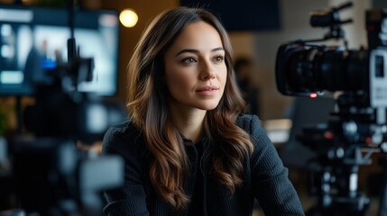 Fototapeta premium A woman is sitting in front of a camera with a microphone. She is wearing a black jacket and has long brown hair