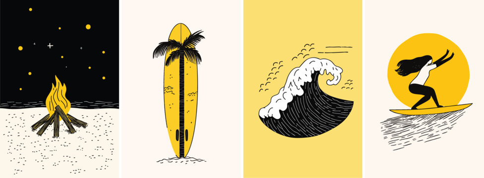Hand drawn whimsical style summer surfing illustrations