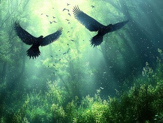 Fototapeta premium A mystical floating forest where radiant trees rise high into the starlit sky. Ethereal birds with glowing wings soar through the air, while golden pathways wind through the bioluminescent undergrowth