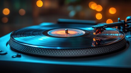 A vinyl record rotating on a turntable under a spotlight.