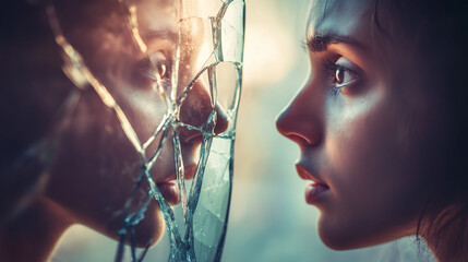 A person staring at a broken mirror, their reflection fragmented, with a look of regret on their face.

