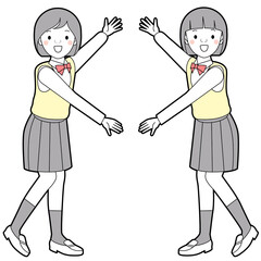 二人で両手を広げてアピールする女子中高生