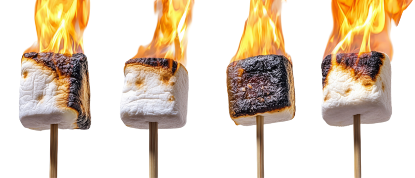 Roasting marshmallows over fire, showing different stages of burning