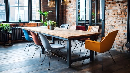 A bold reclaimed oak dining table with steel legs paired with mismatched chairs in a trendy urban apartment.