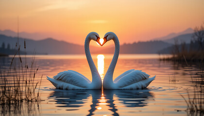 Fototapeta premium Romantic Swans Forming Heart Sunset Lake Serenity