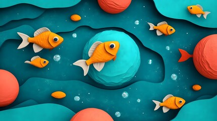 Fototapeta premium Vibrant Underwater Planet Filled with Happy Swimming Fish in Clay Texture 3D