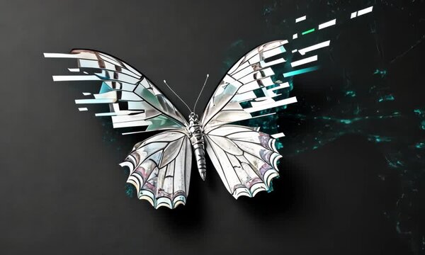 Digital butterfly with fragmented, pixelated wings on a dark black background. Ai art concept. Copy space for text motion background