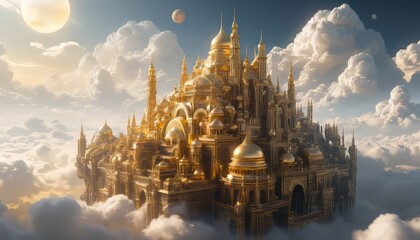 Naklejka premium An artificial intelligence-based image of the Golden City in heaven: A Dream of Architecture