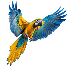 Fototapeta premium Blue-and-gold macaw in flight, vibrant plumage.