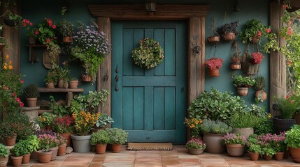 Green wooden door with flowers and potted plants.