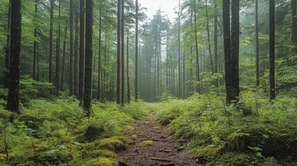 Obraz premium A serene path winds through a misty forest of towering green trees creating an enchanting and peaceful natural scene