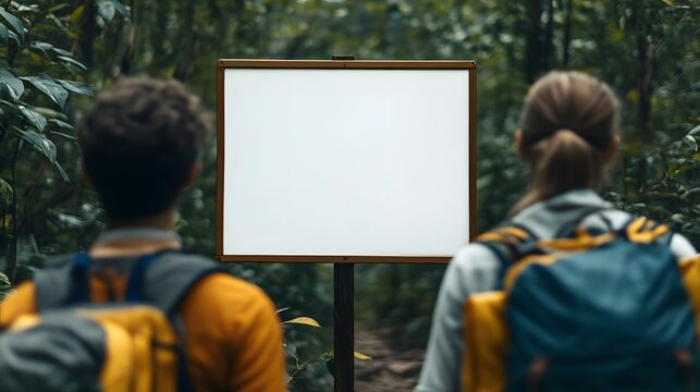 Blank whiteboard at trailhead surrounded by hiking maps and directional signs in wilderness
