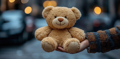 Child handing over a teddy bear to another child in a touching moment
