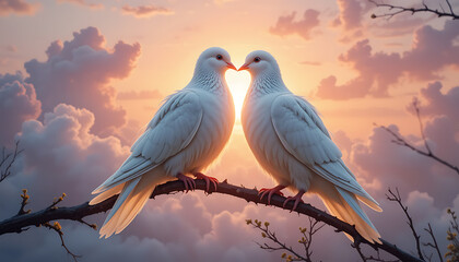 Fototapeta premium White Doves Romantic Sunset Branch Love Hearts Peaceful Image