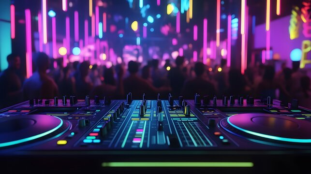 A DJ booth with neon lights and a packed crowd dancing to the beats in a lively nightclub.