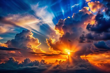 Obraz premium Majestic Sunset: Sunbeams Piercing Dramatic Cloudscape at Night