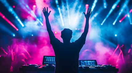 A DJ hyping up the crowd with hands in the air as fog machines and lasers create a vibrant scene.