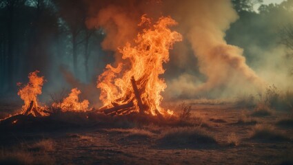 A fierce blaze engulfs dry grass and brush, surrounded by trees, creating a dramatic scene of fire and smoke in a natural setting.