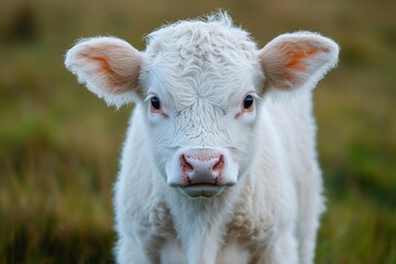 Obraz premium White baby calf standing in a green grassy field