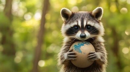 Adorable Raccoon Holding Clay Globe in Forest Environment,3D