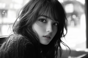 Naklejka premium Black and white portrait of a woman looking away in thought