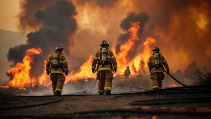 Firefighters battle a large wildfire, showcasing bravery and teamwork against a backdrop of intense flames and smoke.