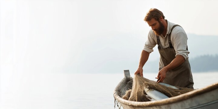 A fisherman handling fishing nets on a rowboat, surrounded by misty water and a soft skyline.
