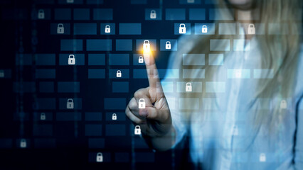 Cybernetic attack security, banking and Personal data. Protecting herself from cyber attacks. Cyber security firewall interface protection concept.