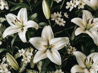 Fototapeta premium A seamless floral pattern of glowing lilies and radiant ferns, set against a soft, dark background. Each element pulses gently with bioluminescent hues, creating a calming effect. 