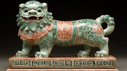 Fototapeta premium Close-up studio shot of a vintage green Chinese Foo Dog statue with a decorative base