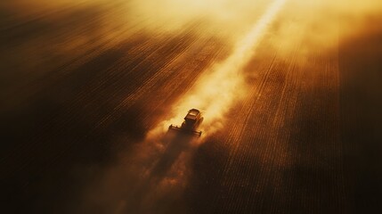 A combine harvesting corn in a vast open field with dust rising in the warm evening light.