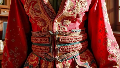 Naklejka premium Detailed Close-up of Traditional Asian Embroidered Costume