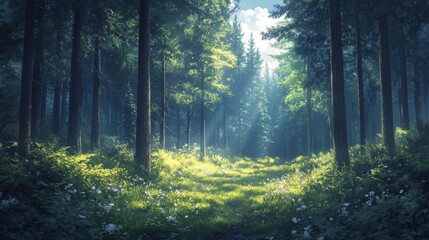 Fototapeta premium A captivating forest scene with sun rays filtering through tall trees and illuminating a path amidst lush foliage and delicate wildflowers creating an enchanting woodland ambiance