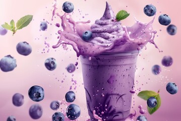 Creative blueberry smoothie splash with mint and fresh blueberries