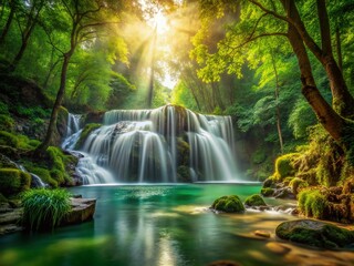 Obraz premium Majestic Waterfall Long Exposure, Serene Nature Landscape Photography