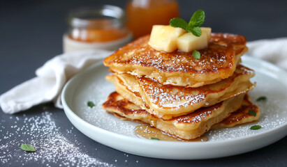 A stack of golden pancakes topped with apple slices and a dusting of powdered sugar