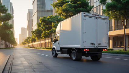 Urban scene with a small truck featuring an empty white mockup, offering an adaptable canvas for advertising in a bustling city environment