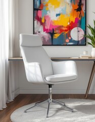 A Modern White Swivel Chair With An Abstract Painting In The Background Creating An Interior Scene