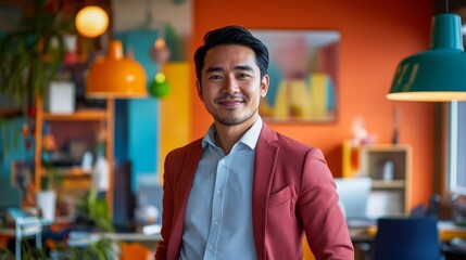 Obraz premium Dynamic Indonesian-Dutch Businessman in Casual Attire at Vibrant Workspace