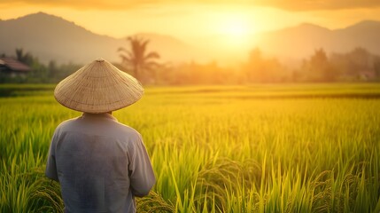 A farmer in a straw hat tending to a lush rice field under the golden light of sunrise.
