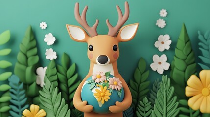 Naklejka premium Gentle Deer Holding a Flower-Decorated Globe in a Forest Ambiance 3D