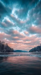 Foto op Plexiglas Frozen river under colorful sky © Elenchik