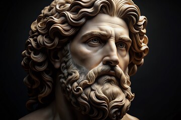 Majestic Zeus Bust: Close-Up Greek God Statue Portrait on Black Background