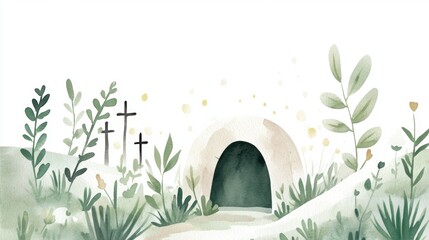 Serene watercolor easter scene with tomb and crosses