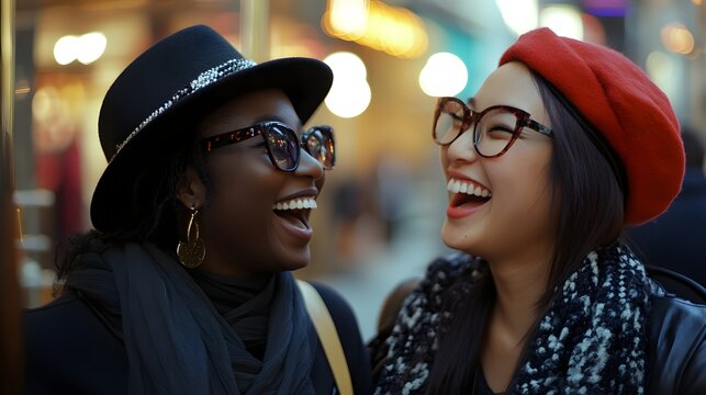 A fun shopping spree moment as friends explore high-end boutiques in a bustling city.