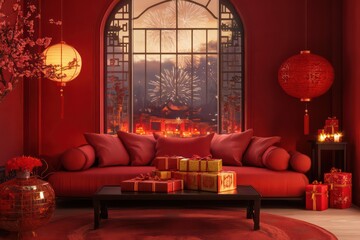 A red living room decorated for the Lunar New Year, with fireworks outside and gold ingots on display inside.