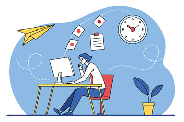 Business professional, office desk, computer monitor, floating cards with icons, multitasking, dynamic pose, vibrant colors, flat design, minimalist illustration, productivity concept, time manageme